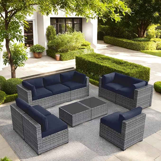 10-Piece Outdoor Sectional Sofa Set, Wicker Patio Furniture with Navy Blue Cushions for Your Villa, Balcony, Porch, Backyard, Grey Rattan
