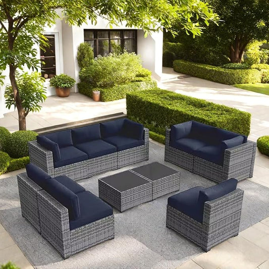 10-Piece Outdoor Sectional Sofa Set, Wicker Patio Furniture with Navy Blue Cushions for Your Villa, Balcony, Porch, Backyard, Grey Rattan