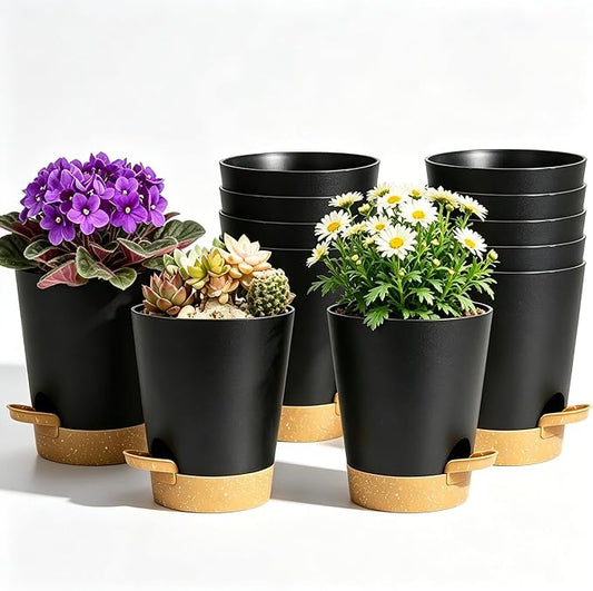 12 Pack 4 Inch African Violet Pots Self Watering, Self-Watering Planters with Drainage Holes & Reservoir, Black Brown Plastic Pots for Indoor Outdoor Plants, Succulents & Flowers