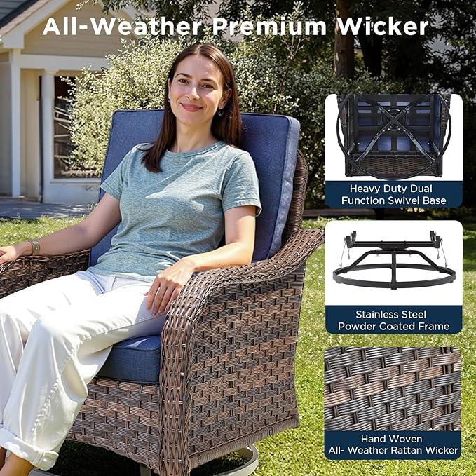 Patio Wicker Chairs Swivel Rocker Outdoor Rocking Chairs Set of 3 Rattan Furniture Set with Thick Cushion, Side Tables for Balcony Deck Backyard, Blue