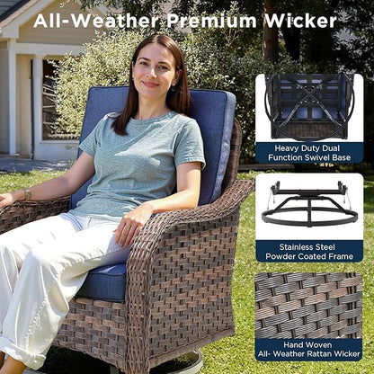 Patio Wicker Chairs Swivel Rocker Outdoor Rocking Chairs Set of 5 Rattan Furniture Set with Thick Cushion, Side Tables, Ottomans for Balcony Deck Backyard, Blue