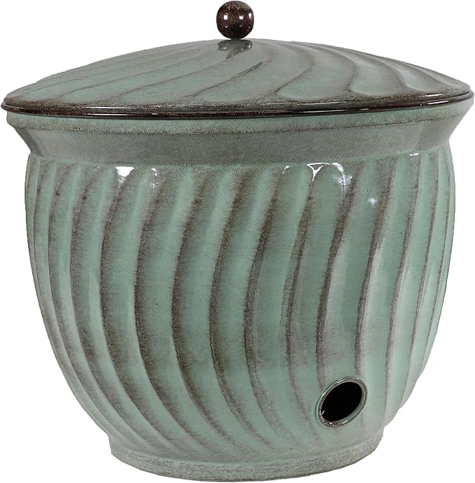 Sunnydaze Metal Garden Hose Holder Pot with Lid - UV-Resistant 145-Foot Garden Hose Pot for Outside - Sage Glaze Finish