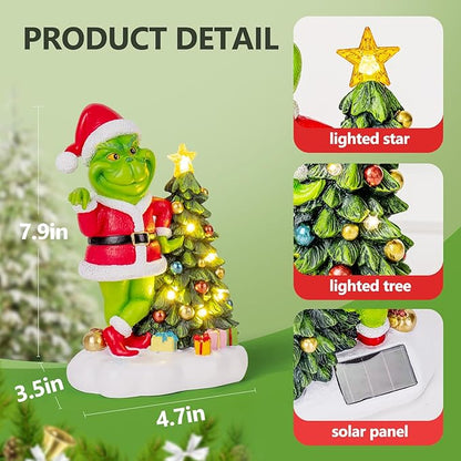 Green Monster Solar Garden Statue with Christmas Tree and 6 LED Lights - Outdoor Figurine - Glossy Resin - Waterproof - Spot Clean - Christmas Decor