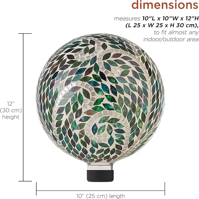 Alpine Corporation 10" Diameter Indoor/Outdoor Glass Mosaic Gazing Globe Yard Decoration, Scroll Leaf Pattern Design