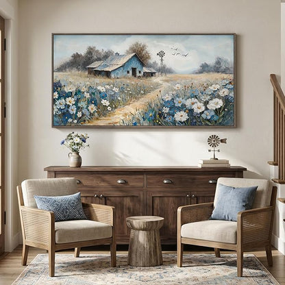 Large Framed Farmhouse Canvas Wall Art for Living Room, Blue Vintage Rustic Barn Horizontal Canvas Prints, Country Floral Wall Decor for Bedroom Dining Room Hallway 30x60 Inch
