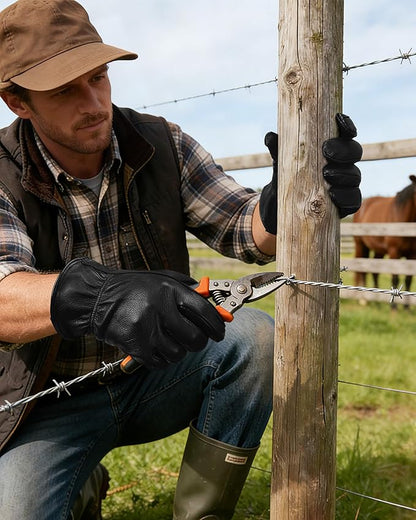 OZERO Leather Garden Gloves: Soft Breathable Mens Deerskin Gloves for Driving, Motorcycle, Horse Riding - Flexible Grip for Working Gardening Yardwork Ranch Farming Hunting for Men & Women (Black,S)