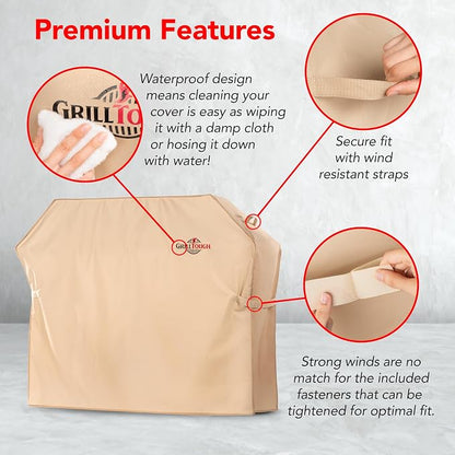 GrillTough Heavy Duty BBQ Grill Cover for Outdoor Grill, 72 Inch – Waterproof, Weather Resistant, UV & Fade Resistant with Adjustable Straps – Gas Grill Cover for Weber, Genesis, Charbroil, etc. Tan