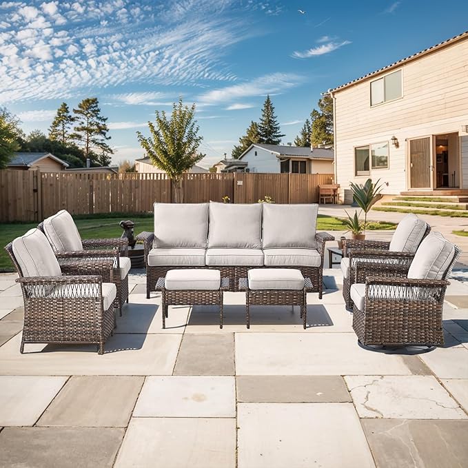Patio Furniture Set 2 Wicker Swivel Glider Chairs 2 PE Rattan Chairs and 2 Ottomans with Beige Cushions Patio PE Rattan Side Table Brown Wicker Patio Conversation Set 7pcs