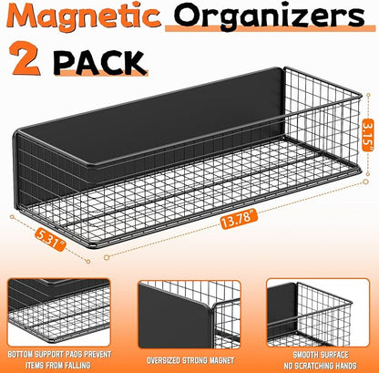 ULIBERMAGNET Magnetic Baskets Fridge Organizers, Large Capacity Metal Wire Mesh Basket Spice Rack for Fridge Storage, Magnetic Shelf for Garage, Laundry, Kitchen, Workshop, Cabinet(2 Pack)