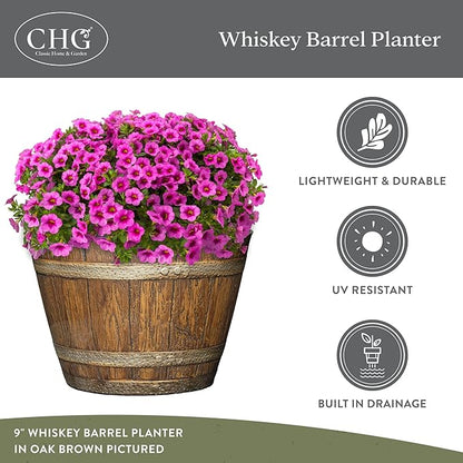 Classic Home & Garden Whiskey Barrel Planters - Wood Finish Flower Planter Pot - Decorative Garden Pots - Indoor & Outdoor Resin Planters - Weather-Resistant Planting Pots (9" Walnut Brown, Pack of 1)