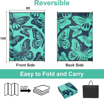 Anidaroel Butterfly Outdoor Rug 8X10 Patio Waterproof, Reversible Plastic Straw Outside Area Rug, Large Outdoor Area Rug for Deck, Camper, Backyard, Picnic(Green,8‘X10')