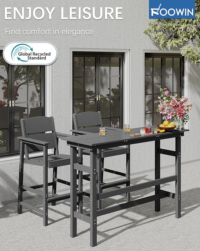 FOOWIN 3 Piece Outdoor Bar Height Table and Chairs, All Weather HDPE Patio Bar Set Outdoor Bistro Set,Adirondack Bar Chairs Set of 2 Outdoor Furniture for Bistro, Poolside, Backyard Grey