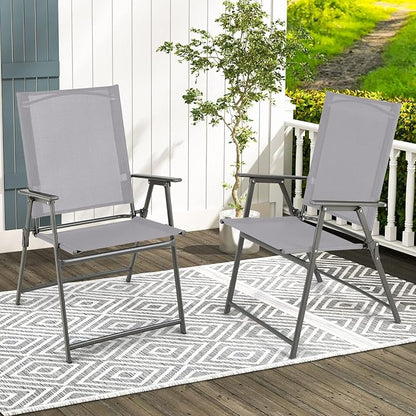 Giantex Patio Folding Chairs, Outdoor Lawn Chairs with Rustproof Metal Frame, Portable Dining Chairs for Porch, Deck, Garden, Backyard, Camping (1 Count (Pack of 2), Gray)