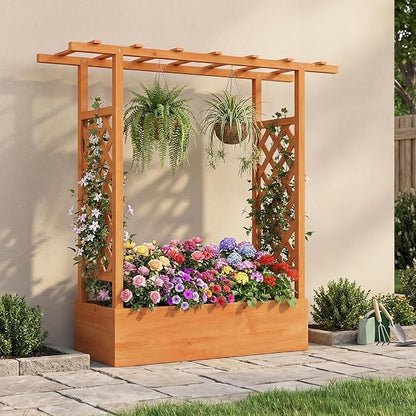 S AFSTAR Raised Garden Bed with Trellis, 2-in-1 Fir Wood Planter Box with Flat Roof & Drainage Holes, Vertical Planter Raised Bed for Climbing Plants, Flowers & Vegetables, 43" x 14" x 45" (Orange)