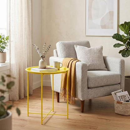 VECELO Side/End Table, Folding Round Metal Anti-Rust and Waterproof Outdoor or Indoor Tray for Living Room Bedroom Balcony and Office, 2 PCS, Yellow