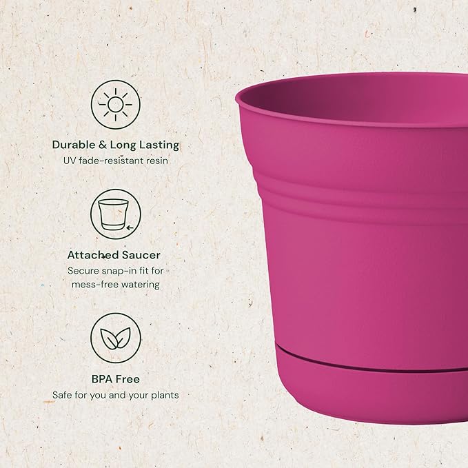 Bloem Saturn 12" Fuchsia Round Resin Planter Pot with Snap-in Saucer for Indoor and Outdoor Gardening