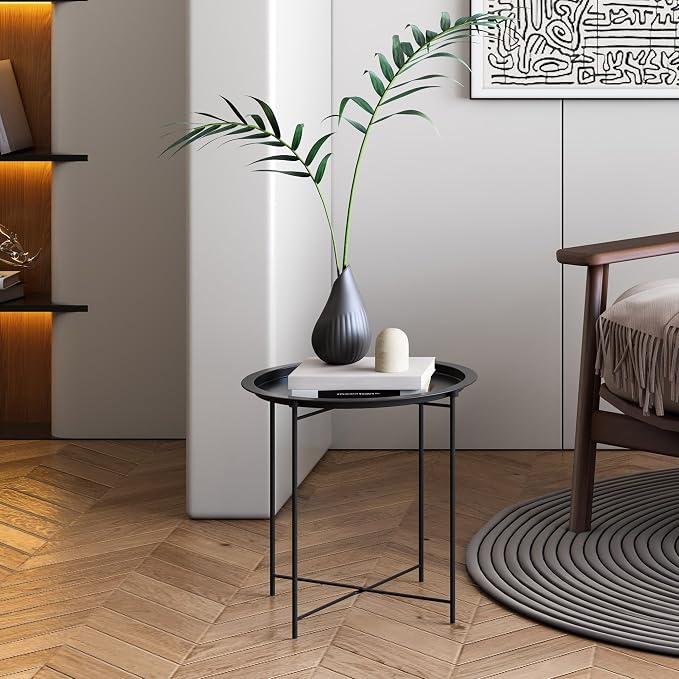 End Table Set of 2,Outdoor Side Table, Small Patio Round Folding Metal Black Side Tables for Outdoor,Living Room,Balcony and Office,Φ18.5" x 19.9"H，2 PCS