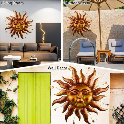 Metal Sun Wall Art Decor Outdoor 26'', Large Gold Sun Wall Decor Garden Metal Art Outside Hanging for Living Room, Bedroom, Fence, Yard, Porch, Balcony and Patio Decorations