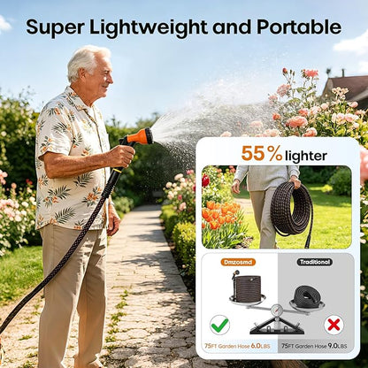 Garden Hose, 3/4" Flexible Water Hose Ultra Lightweight, Non-Expandable with 10 Function Nozzle, Kink-Free, Leak-Proof, 360° Swivel, Abrasion Resistant & Easy to Store for Yard Lawn, Outdoor (75ft)