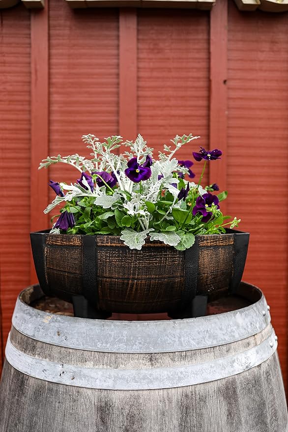 The HC Companies Whiskey Barrel Planter Bowl - Faux Wooden Finish Flower Planter Pot - Decorative Garden Pots - Indoor & Outdoor Resin Planters - Weather-Resistant Planting Pots (16" Golden Oak)