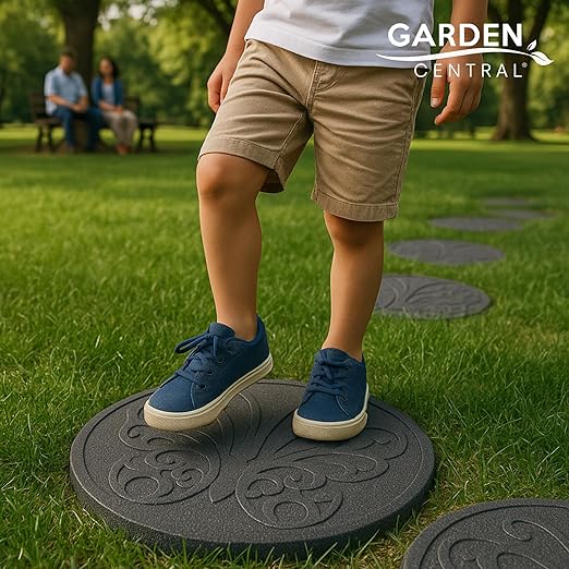 TierraVerde 4-Pack 18”x18” Fake Butterfly Rubber Stepping Stones, Round, Grey – Reversible Non-Slip Outdoor Faux Decorative Set for Landscaping – DIY Decor for Walkways & Yard Pathways