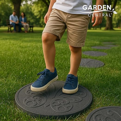 TierraVerde 4-Pack 18”x18” Fake Butterfly Rubber Stepping Stones, Round, Grey – Reversible Non-Slip Outdoor Faux Decorative Set for Landscaping – DIY Decor for Walkways & Yard Pathways