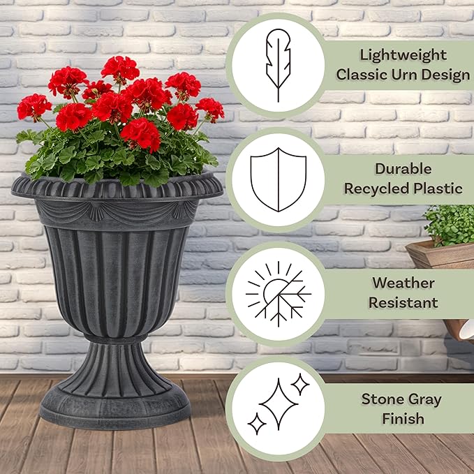 Outdoor Planter 2-Pack - 16x18-Inch Urn Planters for Front Porch Decor, Indoors, Patio or Entryway - Plastic Plant Pots - Large Decorative Flower Pots by Pure Garden (Stone Gray)