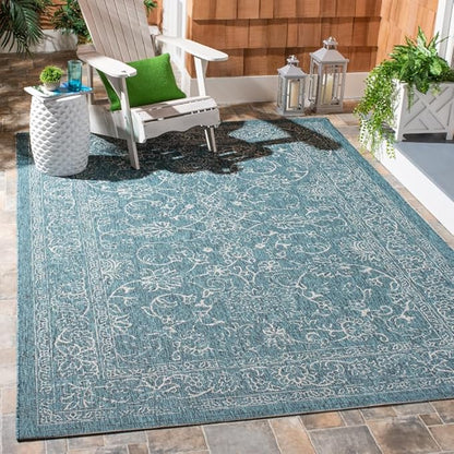 SAFAVIEH Washable Rug Outdoor Courtyard Collection - 9' Square, Turquoise, Non-Shedding & Easy Cleaning, Ideal for Patio, Backyard, Mudroom (CY8680-37221)