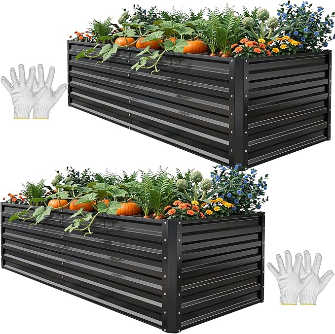 YITAHOME 6x3x2ft 2pcs Large Raised Garden Bed Kit, Galvanized Metal Planter Box with Gloves, Ground Nails, Support Rod, Outdoor Above Ground Planters for Plants Vegetables Flowers, Black