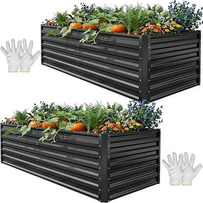 YITAHOME 6x3x2ft 2pcs Large Raised Garden Bed Kit, Galvanized Metal Planter Box with Gloves, Ground Nails, Support Rod, Outdoor Above Ground Planters for Plants Vegetables Flowers, Black