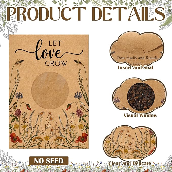 Fumete 150 Pcs Let Love Grow Seed Packets Cool Wedding Favors for Guests Kraft Envelope Kraft Bag with Window Flower Resealable Seed Storage Packets for Wedding Party Favors Bridal Shower