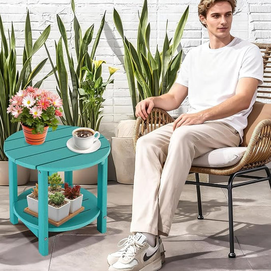 LZRS Round Adirondack Side Table Double End Table, Outdoor Side Tables for Patio, Backyard,Pool, Indoor Companion, Easy Maintenance & Weather Resistant(Turquoise)