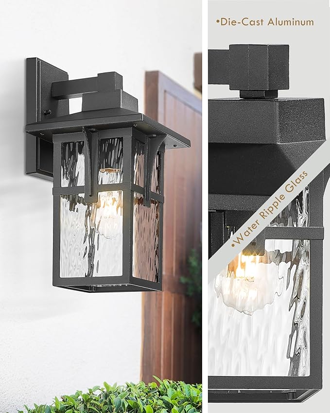 HWH INVESTMENT Outdoor Wall Lights, HWW Exterior Wall Lantern with Water Ripple Glass, Waterproof Porch Light Fixtures for Patio, Hallway, Matte Black, HX1B-SW BK (Large)