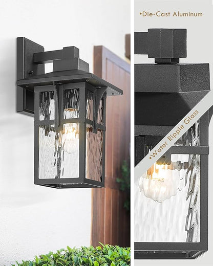 HWH INVESTMENT Outdoor Wall Lights, HWW Exterior Wall Lantern with Water Ripple Glass, Waterproof Porch Light Fixtures for Patio, Hallway, Matte Black, HX1B-SW BK (Large)