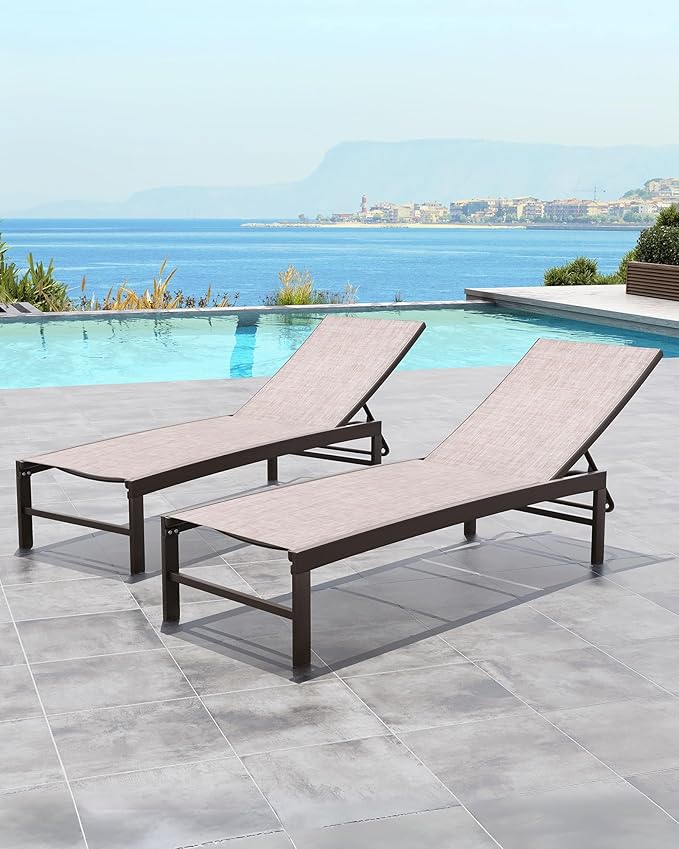 Crestlive Products Aluminum Chaise Lounge Chair Outdoor Set of 2, Adjustable 5 Positions Outdoor Lounge Furniture, Pool Tanning Recliner Perfect for Patio, Lawn, Yard, Pool