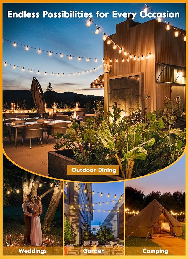 Brightown Solar String Lights Outdoor - 38FT Patio With Remote, 16 Shatterproof LED Bulbs, 3 Light Modes, Waterproof Hanging Solar for Outside Backyard Party Decor