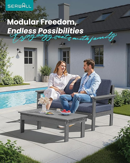 SERWALL HDPE Patio Sofa Set, 3 Pieces Conversation Set, All-Weather Outdoor Couch Sectional Sofas, Patio Furniture Set with Coffee Table for Balcony, Garden, Poolside, Grey Frame with Grey Cushion