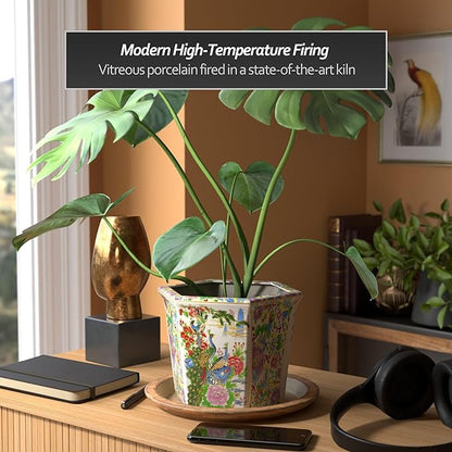 Red Lantern 8" Hexagonal Flower Pot - Satsuma Peacock