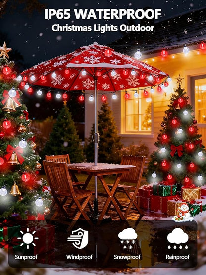 Red and White Solar Christmas String Lights, 2-Pack Total 100 LED 64FT Crystal Globe Solar Lights Outdoor Waterproof, Christmas Decorations with 8 Lighting Modes for Xmas Tree Wedding Patio Party