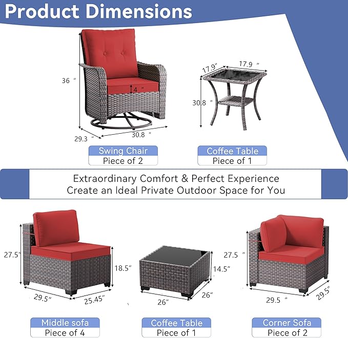 10 Pieces Outdoor Patio Furniture Set with Swivel Rocking Chairs, PE Wicker Rattan Outdoor Sectional Patio Set, Outdoor Patio Conversation Set, Red