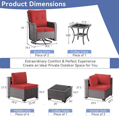 10 Pieces Outdoor Patio Furniture Set with Swivel Rocking Chairs, PE Wicker Rattan Outdoor Sectional Patio Set, Outdoor Patio Conversation Set, Red