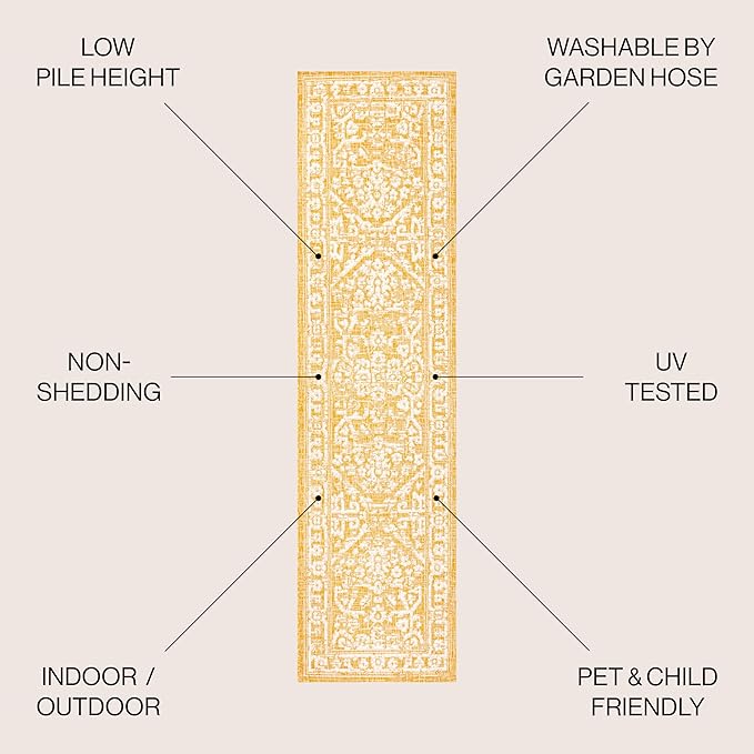 JONATHAN Y Boho Medallion Indoor Outdoor Runner Rug 2X8 Yellow/Cream, Malta Textured Weave for Backyard, Patio, Porch, Easy-Cleaning, High Traffic, Pet-Friendly, Non-Shedding (SMB104G-28)
