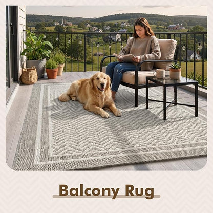 MontVoo-Outdoor Rug-Patio Rug 8x10 Polypropylene Indoor Outdoor Rugs Outdoor Carpet for Patio Deck Balcony Porch, Textured Weave, Durable for High Traffic, Fade-Resistant, Boho Farmhouse Silver Grey