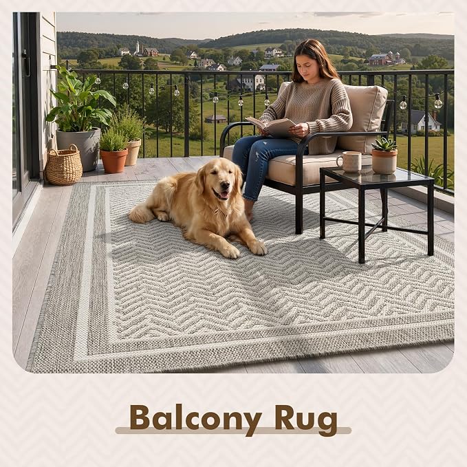 MontVoo-Outdoor Rug-Patio Rug 5x7 Polypropylene Indoor Outdoor Rugs Outdoor Carpet for Patio Deck Balcony Porch, Textured Weave, Durable for High Traffic, Fade-Resistant, Boho Farmhouse Silver Grey
