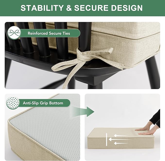 Summsun Patio Chair Cushions Set of 4, Faux Linen Outdoor Furniture Cushions, Water Resistant Backrest and Deep Seat Cushion Set with Ties, Removable Cover, Non-Slip Bottom, 24 x 24 Inch, Beige