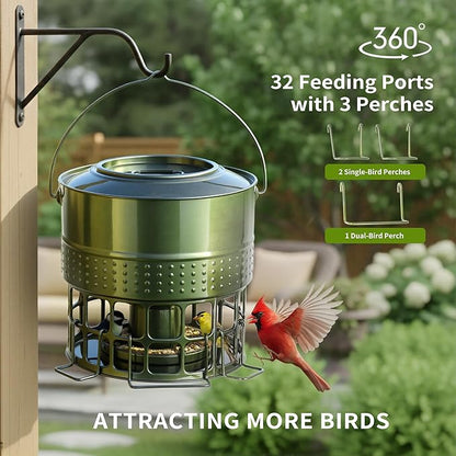 Solution4Patio Bird Feeder, 10LB Powder Coated Metal Wild Birdfeeder with 32 Feeding Stations & Triple Perches, Rust-Proof Hanging Design for Cardinals, Finches and Outdoor Garden Use (Glazed Green)