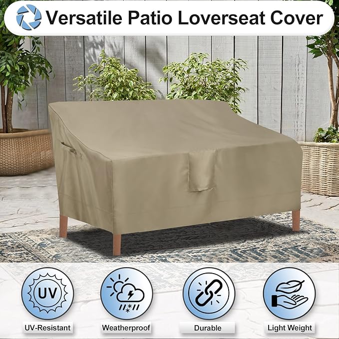 OutdoorLines Outdoor Waterproof Patio Loveseat Couch Cover - UV Resistant Patio Sofa Furniture Covers Weatherproof Heavy Duty Glider Covers for Outdoor Furniture, 58Wx32.5Dx31H Inches, Camel