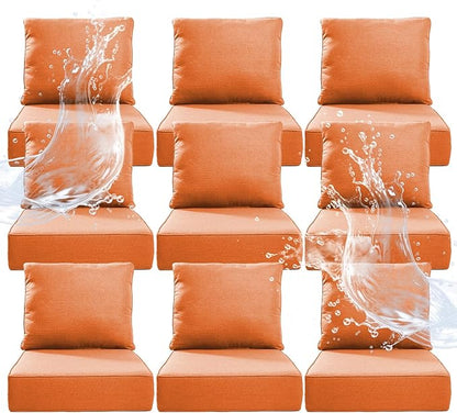 6" Thicker Outdoor Chair Cushion 9 Sets - 24" *24" *6" Waterproof Patio Furniture Cushions with Removable Cover, 28D High Density Sponge Filling Thicken Outdoor Patio Cushions - Orange