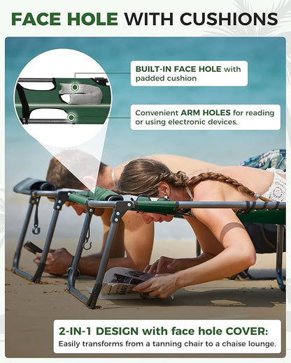 KingCamp Tanning Chair with Face Hole, Lounge Chairs Outdoor Folding Portable Comfy Adjustable 5-Position Foldable Chaise Chaser with Canopy Shade for Outside Beach Patio Sun Bathing Pool, Green/White