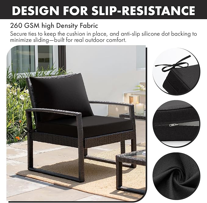 MIULEE Black Outdoor Chair Cushion 24x24 Inch for Patio Furniture Linen Textured Waterproof & 3 Year Color Fastness Seat and Back Couch Cushion with Ties No Slip Design